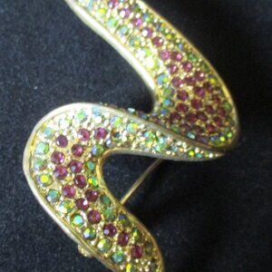 Vintage Unbranded Multicolor Rhinestone & Gold Tone Ribbon Brooch/Pin 3" x 1.5"